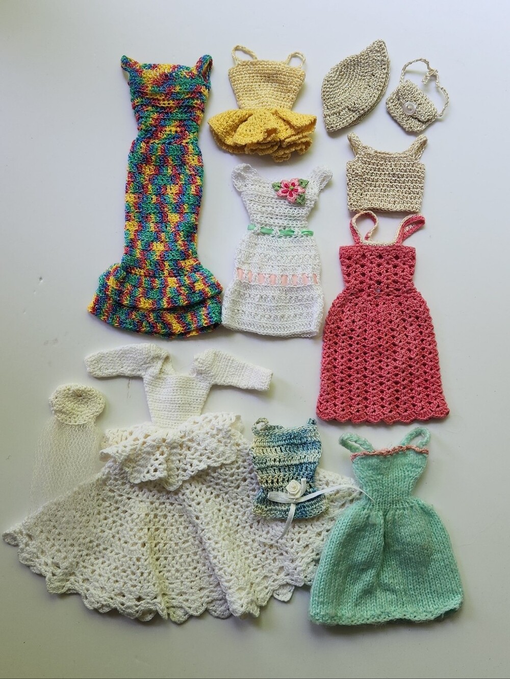Vintage Barbie Clothing- Hand Knit Crochet Doll Dress Lot  Handmade -Beautiful